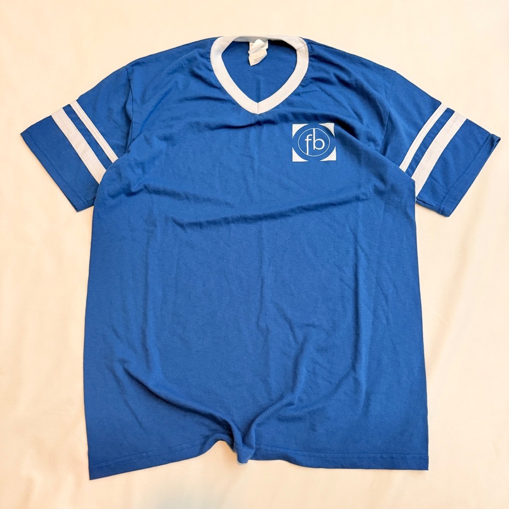 Augusta Sportswear V-Neck Jersey Mens Large Blue White Striped Sleeve Logo Tee